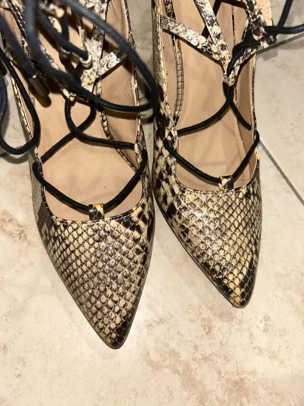 Material Girl Pointed Toe Lace-Up Stiletto Heels in Snakeskin Print